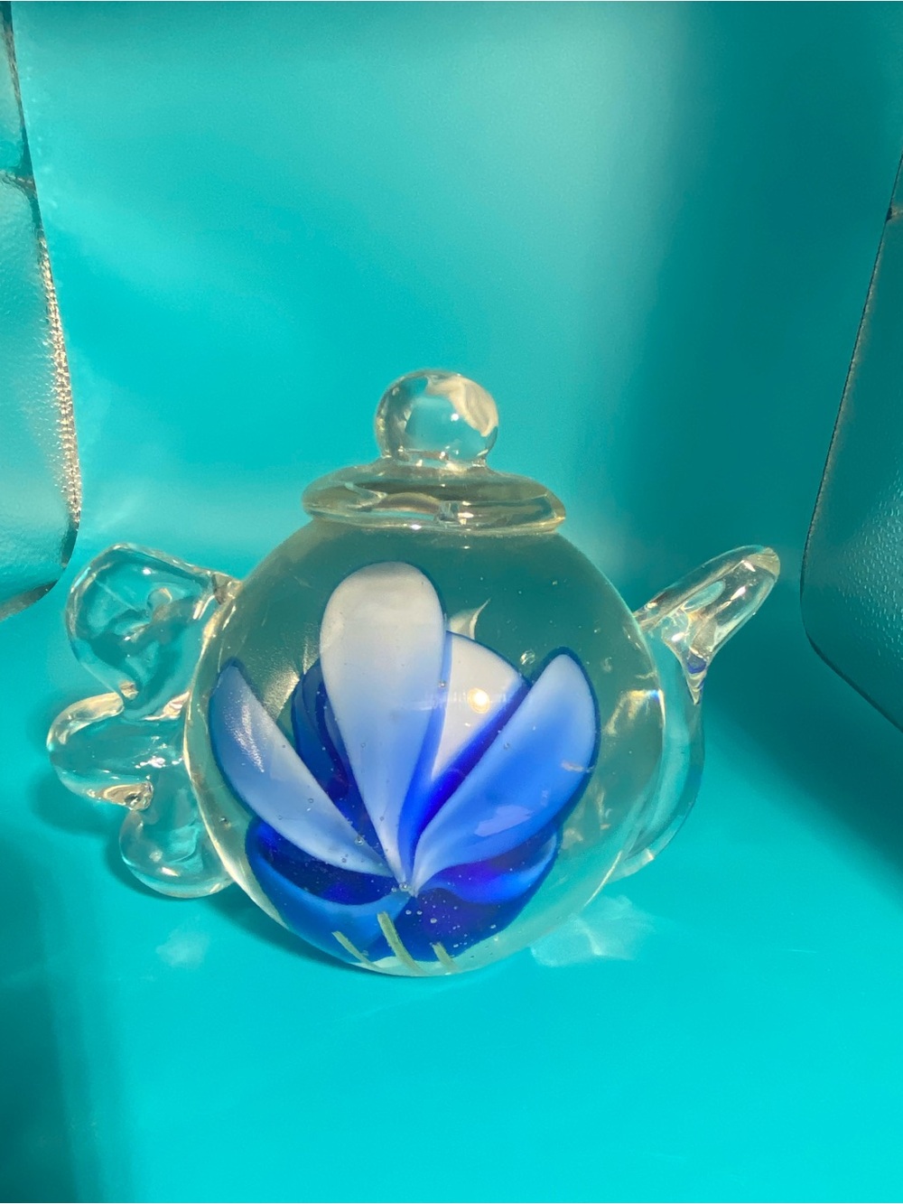 Vintage Dynasty Gallery Clear Crystal Teapot with Blue Flower Paperweight